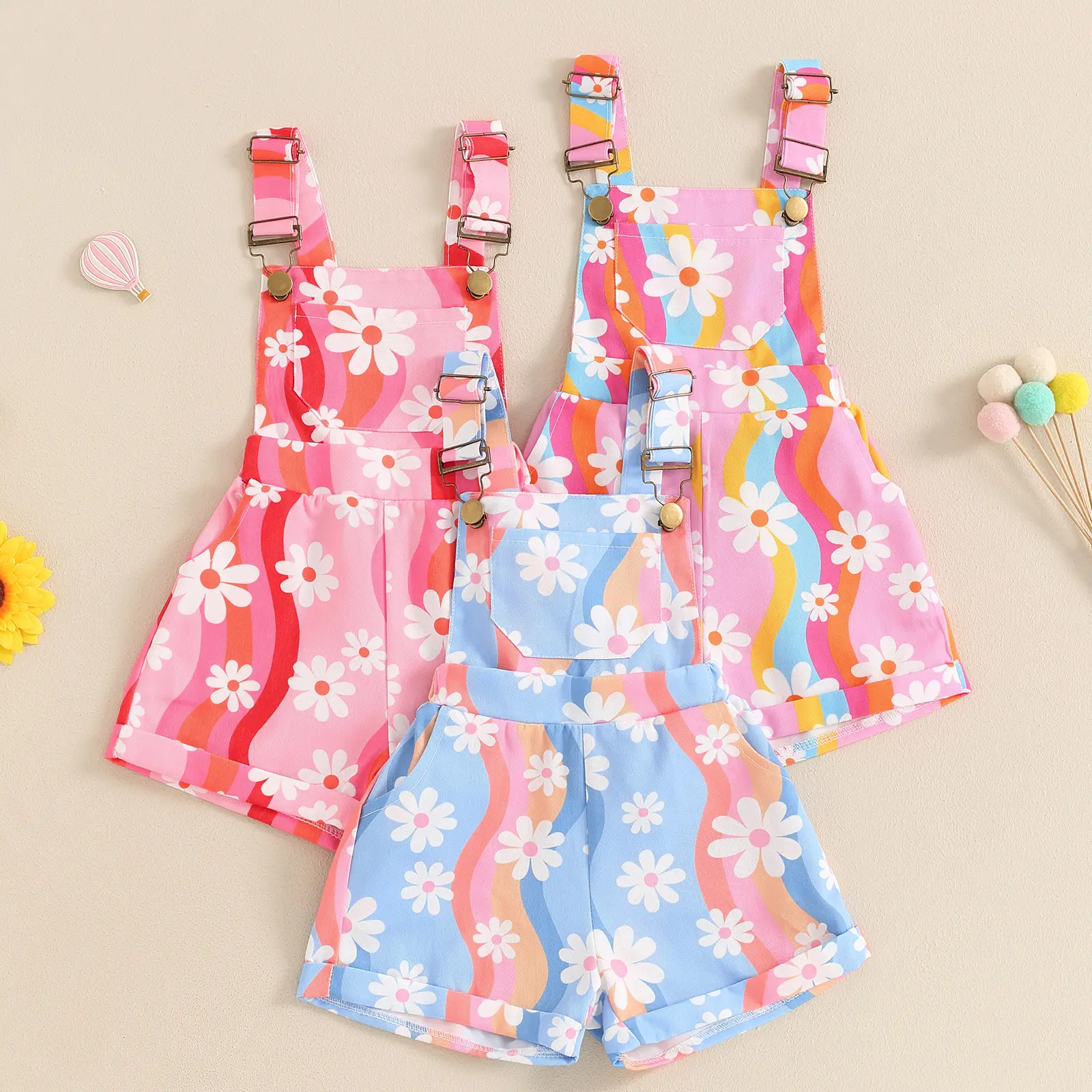 Toddler Baby Girl Summer Clothes Striped Daisy Denim Overalls Suspender Shorts Romper Jumpsuit Outfits