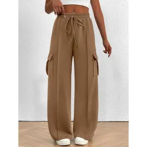 【Plus Size】 Solid Drawstring Waist Cargo Pants, Casual Elastic Waist Pocket Trousers for Women, Women's Bottoms for Fall & Winter（gift） Clothes Customized