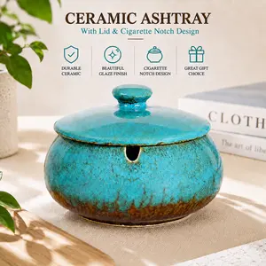 Ceramic Ashtray with Lids, Cigarette Ashtray for Indoor/Outdoor Use, Blue Porch Decorations, Tray for Home Office Decorations Ornaments,Father's Day Gift for Daddy