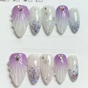 10pcs Pure Handmade Press On Nails Long Almond Nail Purple And White Nails With Three-Dimensional Shell Pattern Fancy Cute Pain Y2k Gentle Stroble Flash Temperament For Women And Girl,Spring Summer Fall Winter,Holiday And Daily Life Use