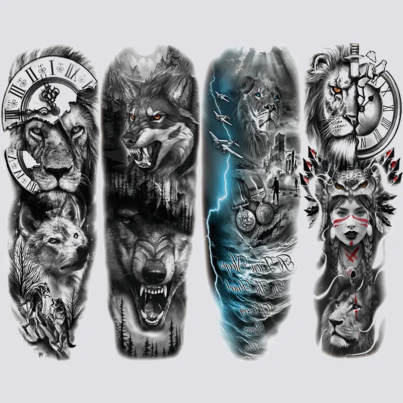 4-Piece Temporary Fake Tattoo Sleeves Set, Full Arm Wolf Lion Flash Tattoos, Waterproof Body Art Stickers for Men Women, Party Accessories