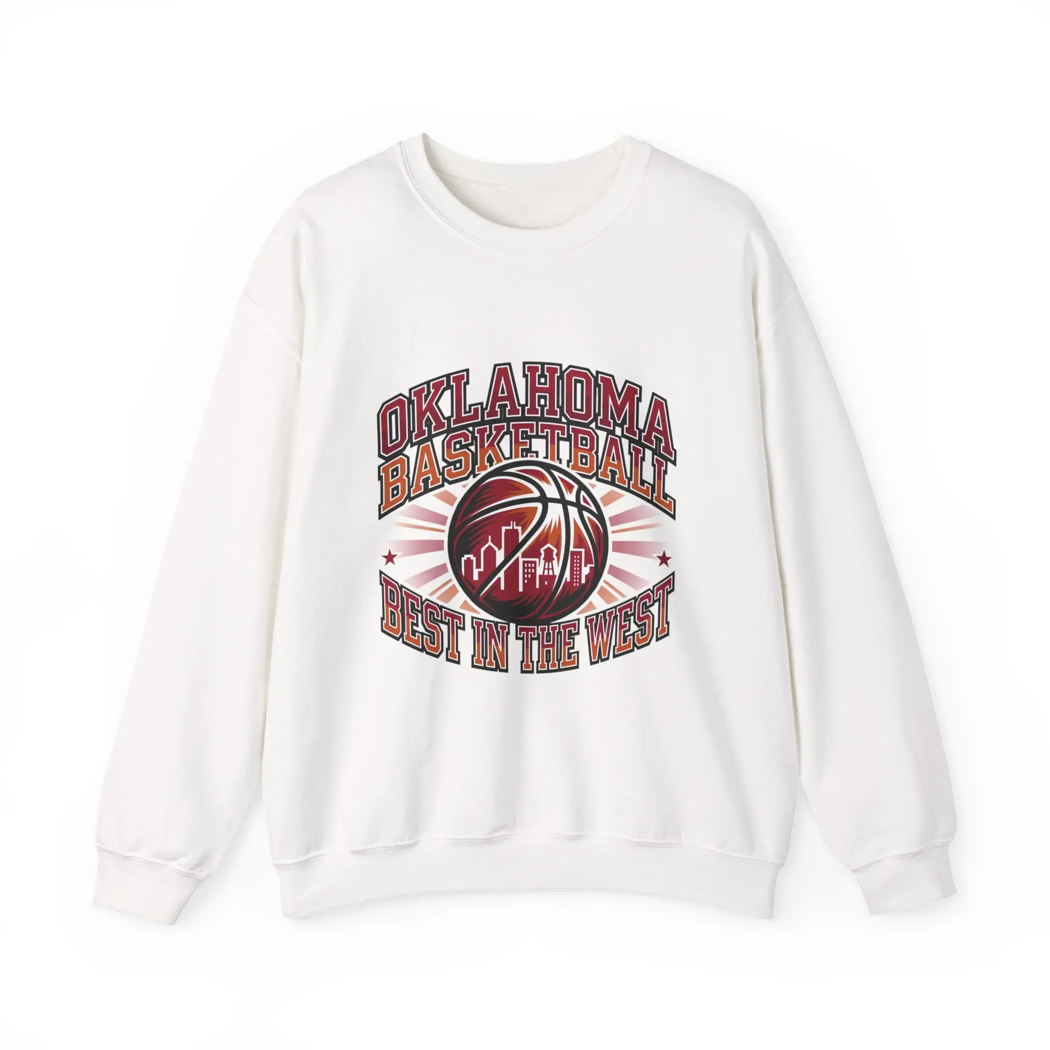 Men's Oklahoma Basketball 'Best in the West' Distressed Embroidered Long-Sleeve Round-Neck Fitted Cotton Menswear Pullover Sweatshirt, Casual OKC Pride Vintage Varsity Hoops Top with Prints, Embroidery, Cold Machine Wash, Distressed Print, Fitted Cut, Hoo