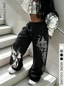 Women's Loose Print Drawstring Adjustable Sweatpants, Gothic Cross Angel Wings Graphics Streetwear, Y2K Style Casual Wide Leg Pants, Trendy Fashion Apparel