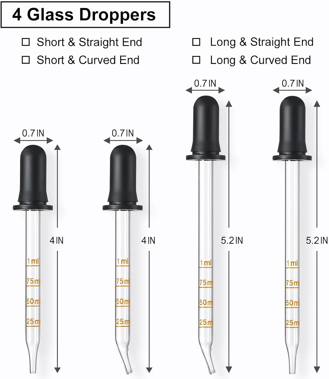 4-Pack 1mL Calibrated Glass Eye Droppers - Precision Pipettes with Long/Short Bent/Straight Tips for Essential Oils, Laboratory Liquid Transfer
