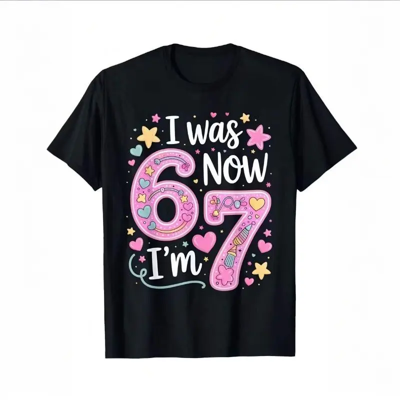 Kids' Soft Cotton 7th Birthday T-shirt KD10269456 - "I'm 6 Now I'm 7" Fun Party Outfit, 67 Number & Heart Balloon Cartoon Top, Funny Graphic Tees