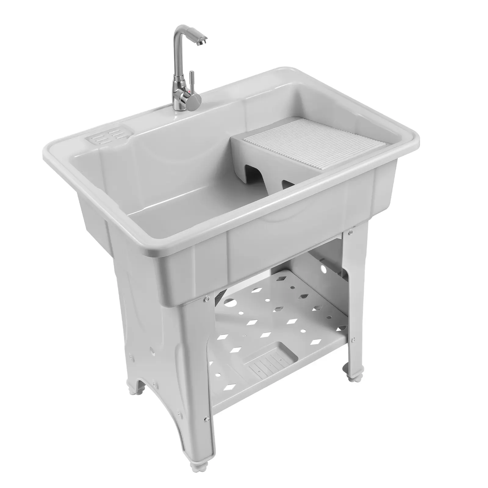 Gray Rectangular Plastic & Metal Freestanding Utility Sink, Modern Multi-Use Laundry Sink with Washboard, Storage Shelf, 360-Swivel Faucet, No-Drill Design, 154LBS Capacity for Pet Bath, Laundry Room
