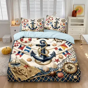 3-piece quilt cover set (1 quilt cover +2 pillowcases, coreless) Ocean wind boat anchor beach shell starfish coral print soft and comfortable bedding, suitable for all rooms