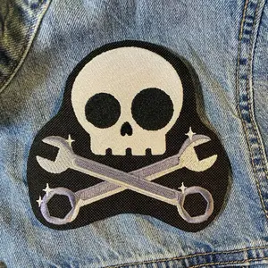 Skully Mechanic Embroidered Patch - Skull and Crossbones Design with Wrenches - Iron-On Patch for DIY - Sizes 2.8" to 4.29" Available
