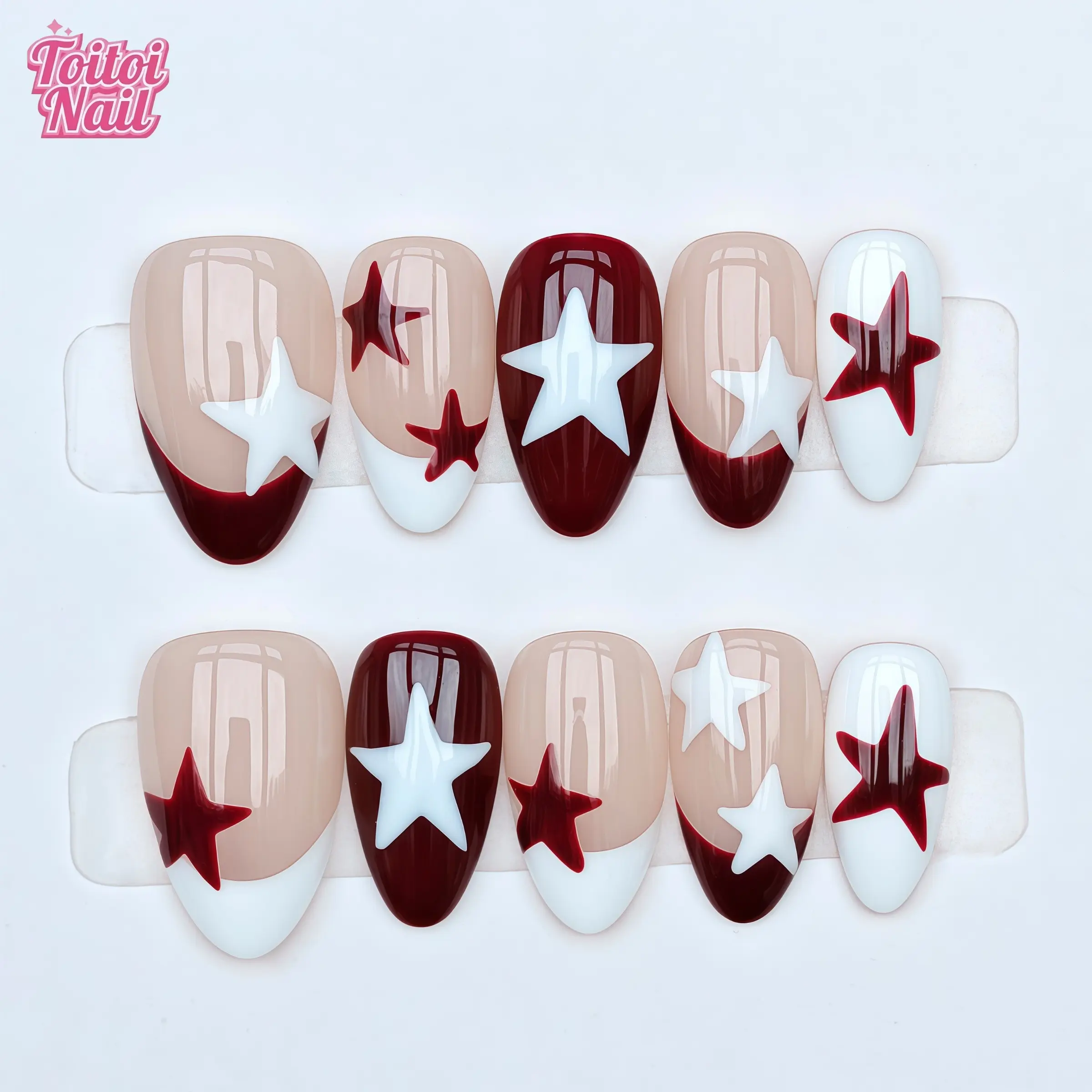 Star Burgundy Handmade Press-On Nails, Medium Almond Shape, 10pcs, Edgy Burgundy Nude Star Design, French Color Block & Star Accents, Reusable DIY Nail Kit for Women, Trendy Nails for Spring, Summer, Edgy Y2K Look, Nail Decoration, DIY Fake Nails
