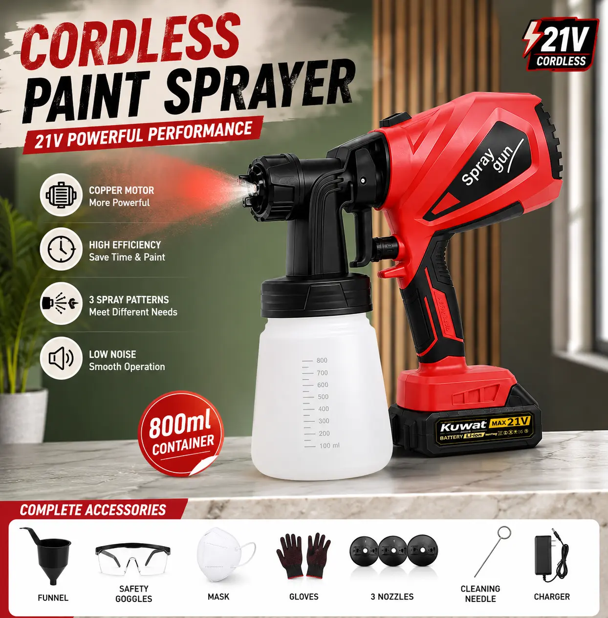 Kuwat Cordless Electric HVLP Paint Sprayer - 3 Spray Modes, 800ml Large-Capacity Container, Adjustable Flow, Paint Sprayer for House Painting & Furniture Projects