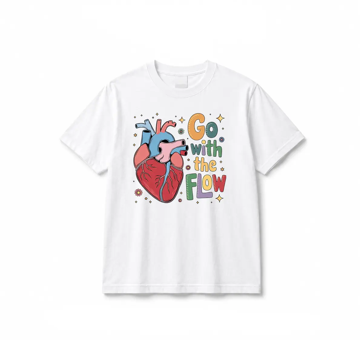 Women's Short-Sleeve Round Neck Go with the Flow T-Shirt - Retro Anatomy Heart Graphic, Self Love, Cardiology, Cardiac Nurse Everyday Day Top