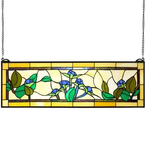 VEVOR Stained Glass Window Panel, 35.2x 13.1 Tiffany Style Hanging Transom Window Panel with Chain, Large Horizontal Rectangle Stain Glass, Vintage Traditional Art Handcrafts for Kitchen Home Decor