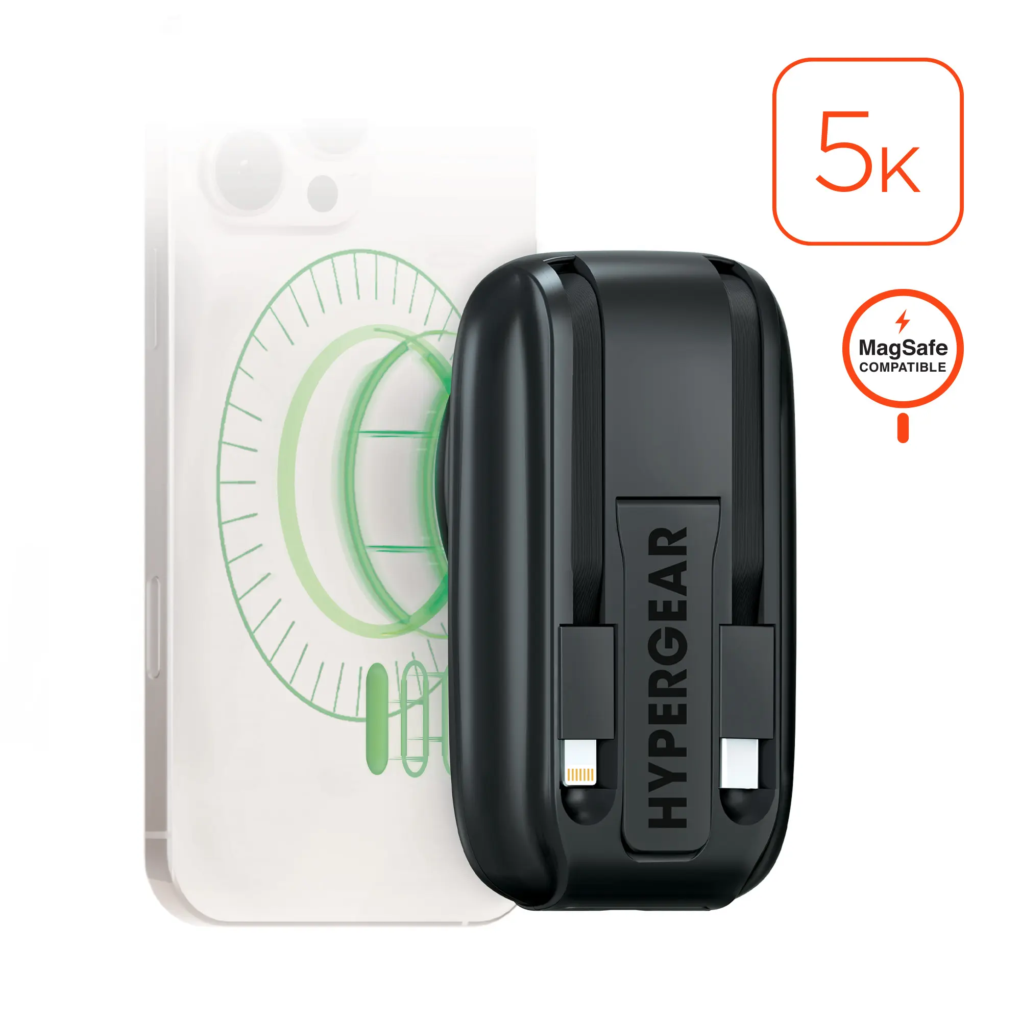 Mag Grip Go 5000mAh Magnetic Wireless Charging Power Bank for Smartphones & Mobile Devices - Built-In Cables, Dual Ports, Kickstand Mode, USB-C Charging Mobile Accessory, Black