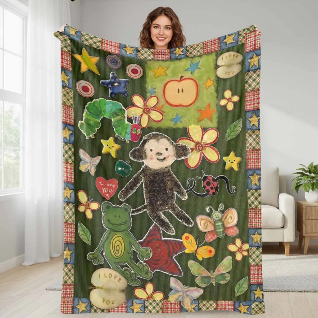 Whimsical Forest Friends Flannel Blanket - Animal Print (Frog, Caterpillar, Butterfly, Star), Cozy Aesthetic, Soft, Lightweight, Warm, Wrinkle Resistant, Animal and Fruit Blankets, Ideal for Sofa, Camping, Holiday Gift, Whimsical Home Decor