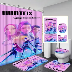 4-Piece Modern Bathroom Curtain Set, Colorful Background Shower Curtains, Includes 12 Hooks, Non-Slip Toilet Mat & U-Shaped Seat Cover