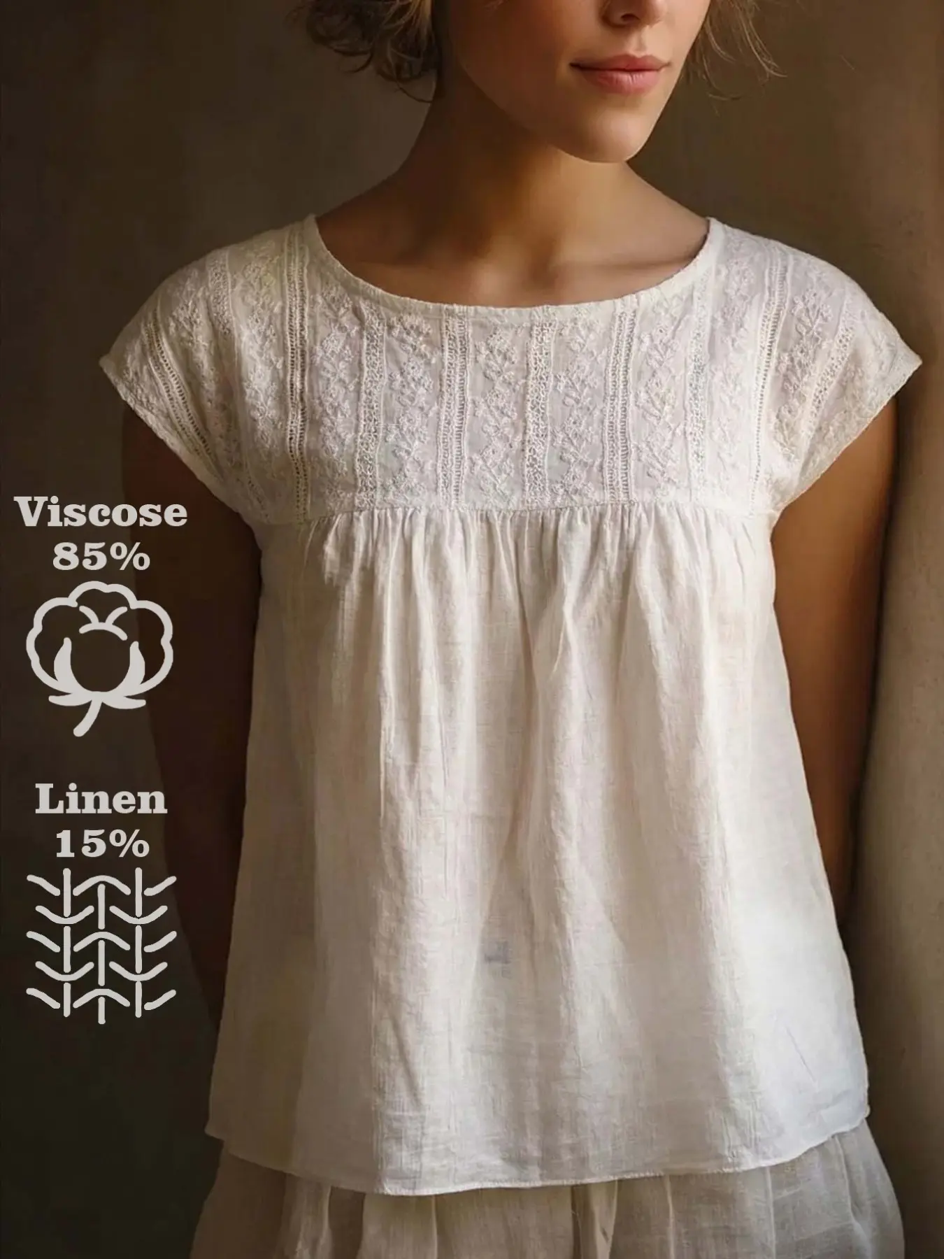 Boho Style Linen Shirt for Women, Casual Loose Fit Breathable Lace Decor Round Neck Short Sleeve T-Shirt, Fashionable Daily Wear, Semi-Transparent Design
