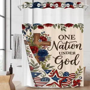1 Piece No Hook Double Layer Shower Curtain, 4th of July "One Nation Under God" Cross Print Bath Curtain, Waterproof, Mildew Resistant, Durable Fabric, Patriotic Home Decor, Removable Liner, Top See-Through Window, Partition Curtain 71"×74"