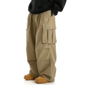 Men's solid color lace-up work pants, comfortable fabric with multiple pockets, pleated design, men's everyday casual wear, versatile long pants suitable for all seasons, men's bottoms