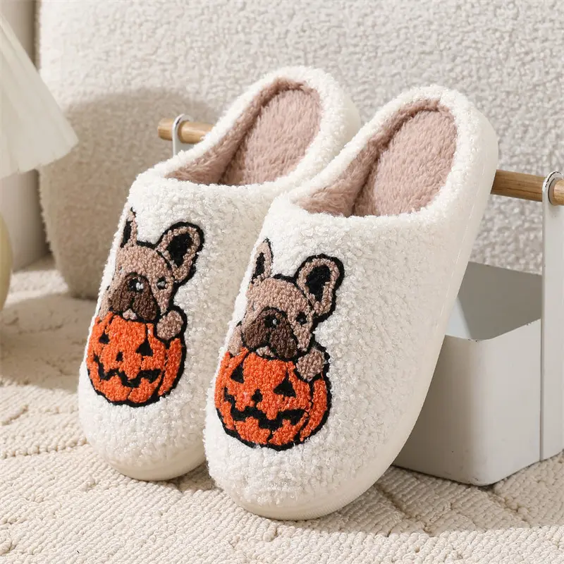 Halloween Slippers for Women Men, Cute Pumpkin Ghost Skeleton Plush House Slippers, Cozy Fuzzy Warm Indoor Slippers, Funny Couple Slip On Home Shoes, Halloween Gifts for Girls, Fall Winter Footwear