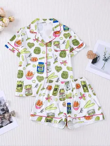 2-piece women's cucumber print short-sleeved top and shorts set Fitted. Features a small pocket, comfortable, soft, skin-friendly, smooth fabric, and elastic waistband. Suitable for all seasons, casual loungewear, Pastel Cute Pajamas, and sleepwear.