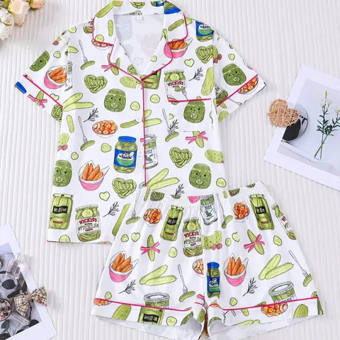 2-piece women's cucumber print short-sleeved top and shorts set Fitted, features a small pocket, comfortable, soft, smooth fabric, and elastic waistband, suitable for all seasons, casual loungewear, Nightwear loungewear set, and sleepwear