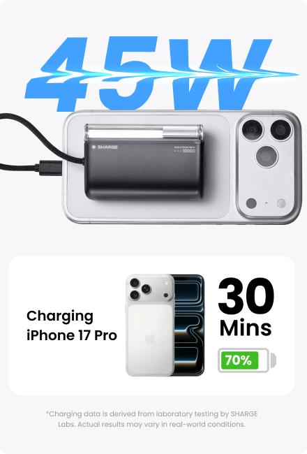 SHARGE Mini Portable Charger 45W 10000mAh Power Bank, Fast Charging Battery Pack with Built-in USB-C Cable, Compact Portable Phone Charger Travel Essentials Powerbank for iPhone 17/16