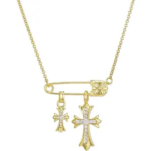 Cross Necklace Gold/Silver Plated Double Cross Pendant Necklace Dainty Diamond Cross Charm Link Chain Choker Delicate Faith Jewelry Religious Gifts for Women