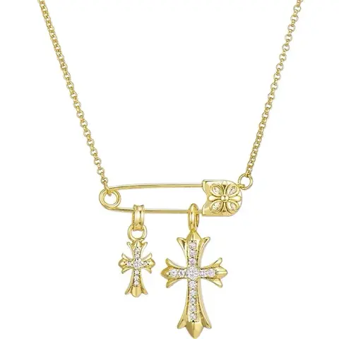 Cross Necklace Gold/Silver Plated Double Cross Pendant Necklace Dainty Diamond Cross Charm Link Chain Choker Delicate Faith Jewelry Religious Gifts for Women