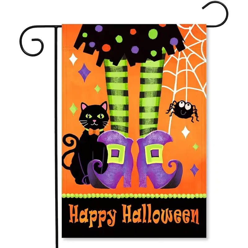 Halloween Witch Leg Garden Flag - Striped Witch Boots, Black Cat, Spider Web, Orange Design, Cartoon Style - Spooky Fall Outdoor Decor for Front Porch, Lawn, Small House (Flagpole Not Included), Yard Decor