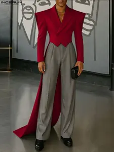 INCERUN Men's Fashion Casual Deconstructed Wide Shoulder Tailored Long Suit Jacket, Perfect for Streetwear, Stylish and Comfortable