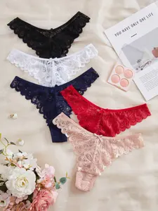 5 Pcs Women's Lace Panty Cotton Soft Comfy Fitted Breathable Underwear Everyday Knicker Briefs Panties Strings Lace Lingerie Naughty Cheeky Underwear for Daily Wear Sexy  Naughty Cheeky Women's Underwear for All Seasons Lace Trim Panty