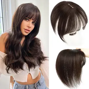 Human Hair Toppers for Women Real Human Hair 360° 3D Cover Topper with Bangs Wispy Extensions Clip in Bangs for Daily Wear Dark Brown