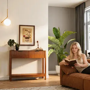 Aobtkel®Mid-Century Modern Fluted Console Table with 2 Drawers & Open Shelf, Walnut Finish Narrow Entryway Table, Slim Sofa Table for Hallway, Living Room, Small Spaces, Easy Assembly#Summervibes