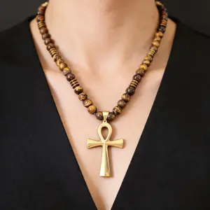 Bestselling Tiger Eye Natural Stone 0.8CM Beaded Mala Necklace, 60/70CM (23.62"/27.56") Handmade Prayer Beads, Ankh Cross Pendant 6.5CM×3.6CM, Unisex Spiritual Jewelry with Timeless Design & Versatile Style, Perfect Gift for Your Loved One.