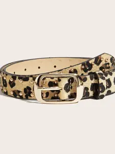 1 Piece Leopard Print Studded Slim Belt, American Retro Style, For Dresses & Jeans