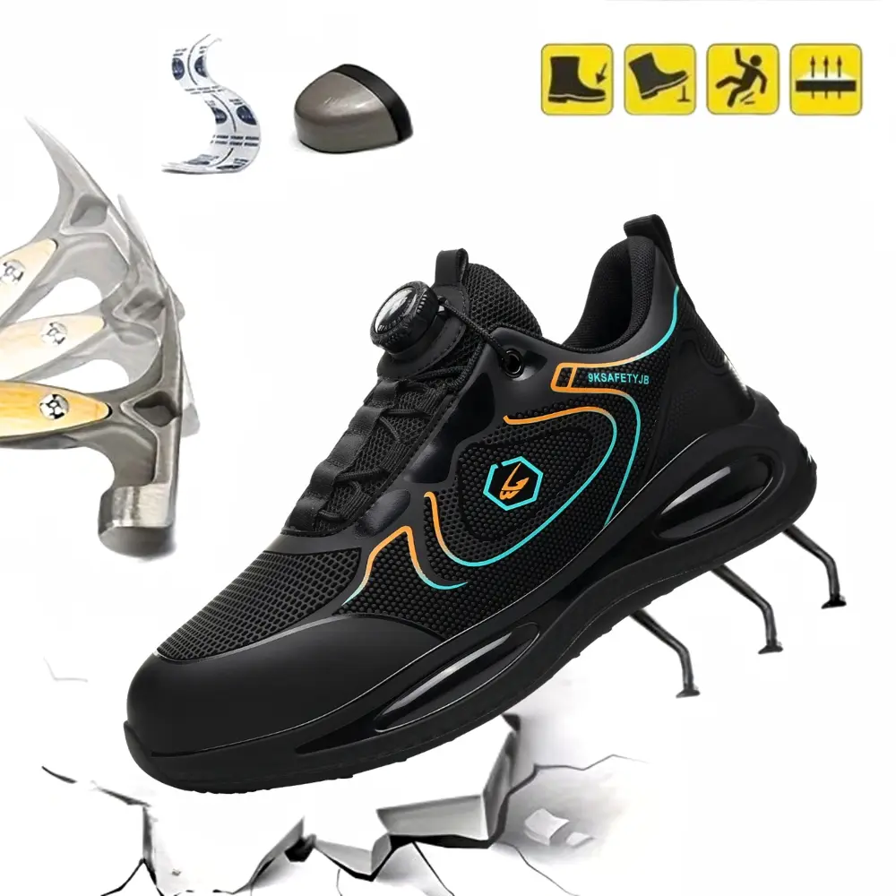 Men's Steel Toe Shoes,Puncture Proof & Smash Proof with Swivel Button Contrasting Color Mesh Work Shoes for Outdoor Industrial Construction Worker Footwear Comfort Closed Boy Sneaker Decor