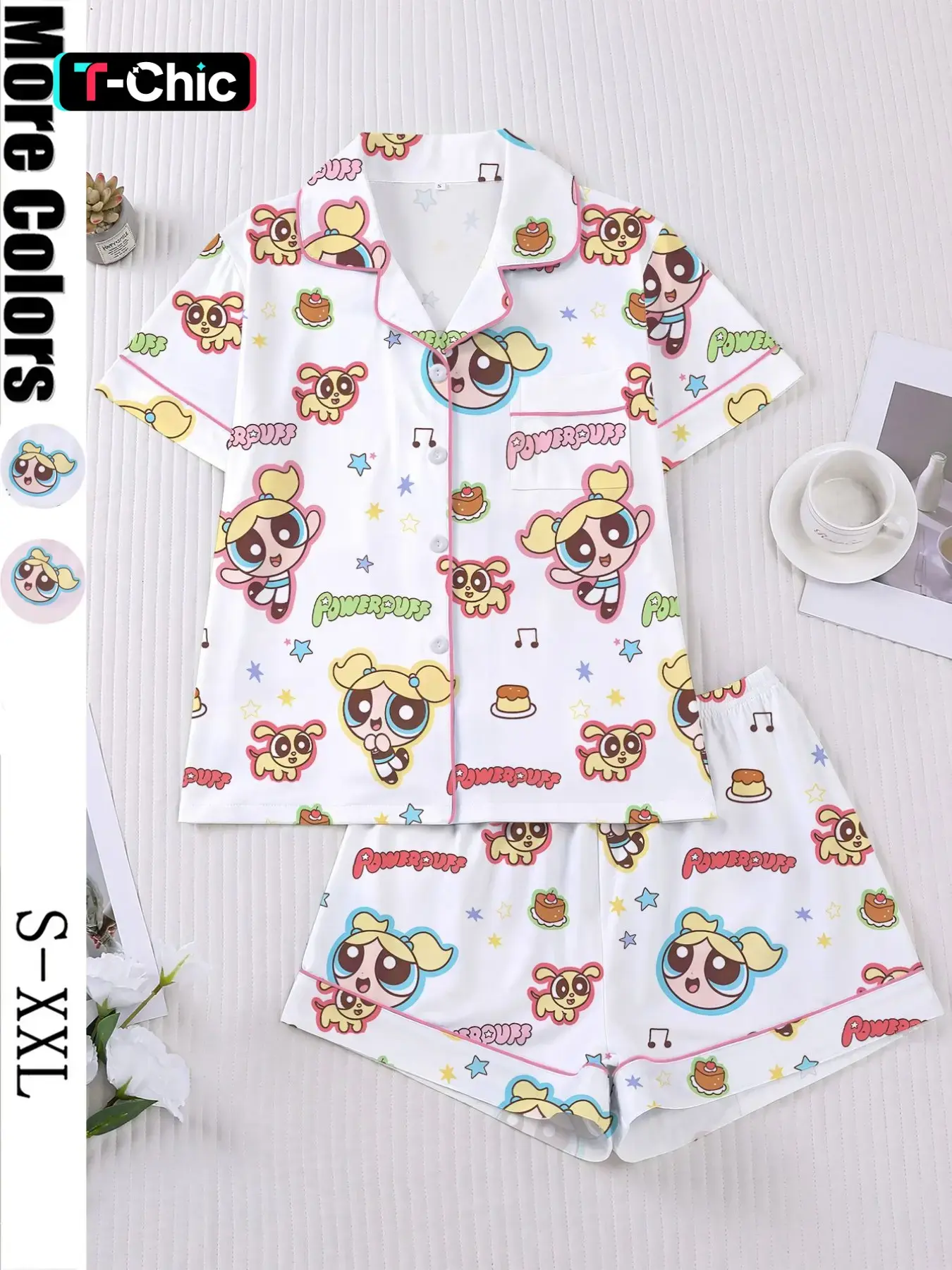 Flying Girl Print Women's Pajama Set, Short Sleeve Button-Up Soft Top and Loose Elastic Shorts, Casual Home Wear, Loungewear for Daily Use, Nightwear