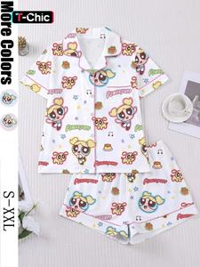 Flying Girl Print Women's Pajama Set, Short Sleeve Button-Up Soft Top and Loose Elastic Shorts, Casual Home Wear for Daily Use Nightwear