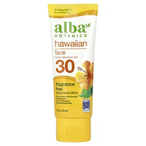 Alba Botanica Hawaiian Face Sunscreen Lotion, SPF 30, Fragrance Free, 3 fl oz (89 ml)