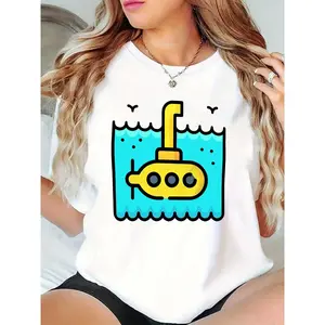 Women's White T-Shirt with Yellow Submarine, Blue Water Waves & Birds Print, Casual Summer Beach Graphic Tee for Teens & Ladies, Cute Nautical Top for Vacation, Daily & Casual Wear