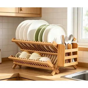 2-tier collapsible bamboo dish drying rack with utensil holder. Foldable large draining organizer for kitchen counter storage and tidying.  SURE, Bamboo-2 Tiers