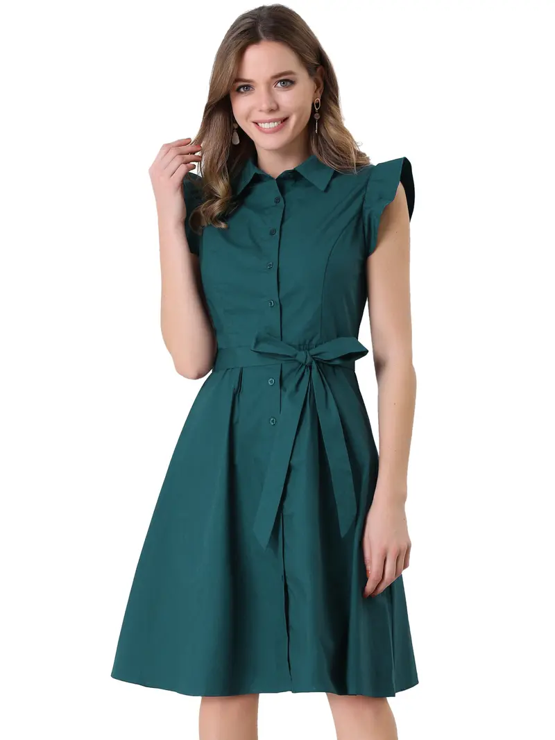 INSPIRE CHIC Women's Cotton Shirtdress Ruffled Sleeve Tie Waist Button Casual Office Dress, Dark Green