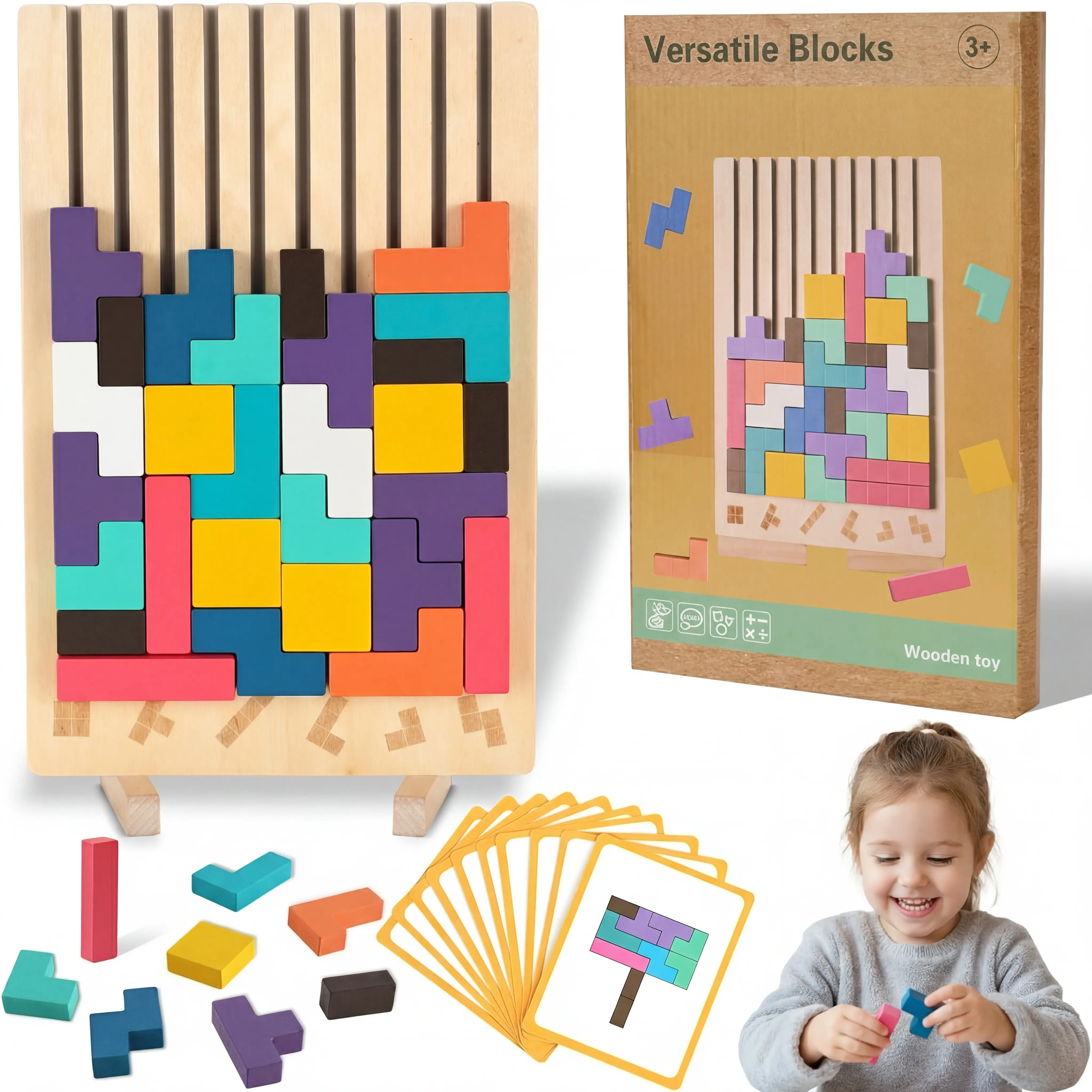 Wooden Interlocking Stacking Puzzle Game Set, 2-in-1 Logic Stacking Block Toy, Spatial Thinking Training Desktop Game, Creative Geometric Shape Building Game for Leisure & Gift Giving