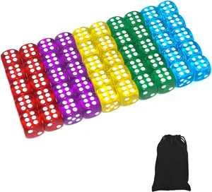 50 Pack 14mm 6-Sided Translucent Dice Set with Black Pouch for Board Games