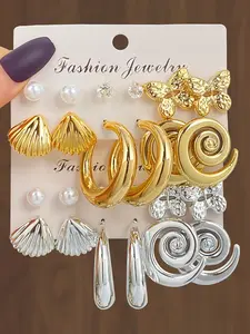 Metallic Ocean-Inspired Earrings with Shell and Spiral Elements – Fashionable Statement Ear Studs for Parties and Unique Gifts