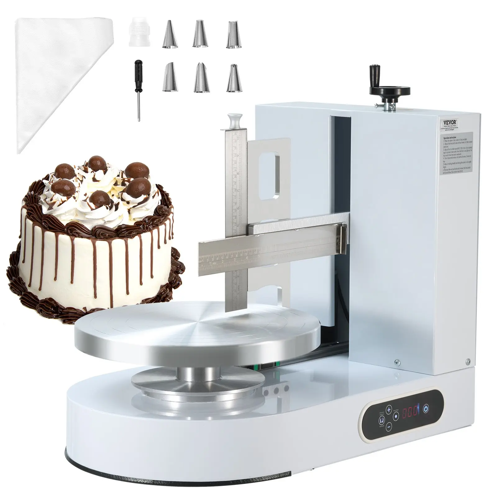 VEVOR Cake Decorating Machine, Cake Cream Spreading Coating Smearing Machine, Low Noise Cake Frosting Machine, Turntable with Adjustable Scraper, for 6 to 14 Cake, 25-320RPM Rotating Speed, White