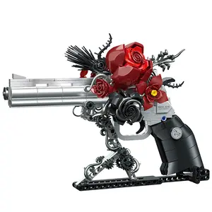 ValentinesGiftForHer Guns & Petals Gothic Rose Revolver Building Kit (631 Pcs) - Silver & Black Metal-Art Sculpture with Red Roses, Dark Botanical Block Set for Gothic Fans & Collectors, Christmas Gift & Home Decor, Building Block Sets