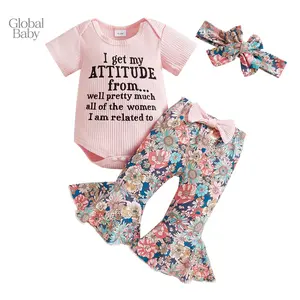 Global Baby Girls Summer 3PCS Outfits Fashion Letter Embroidery Striped Long Sleeve Round Neck Romper and Elastic Waist Pants Headband Set