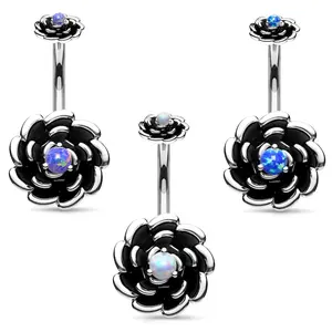 Rose Opal Flower Belly Ring 14G 316L Surgical Steel Antique Silver