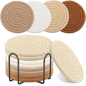8-piece absorbent cotton woven coasters with metal holder, 4.3 inch in 4 colors for table protection and drink service